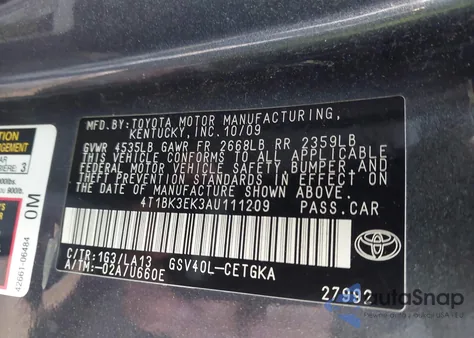 2010 Toyota Camry Xle V6 z USA, uszkodzony, nr VIN 4T1BK3EK3AU111209